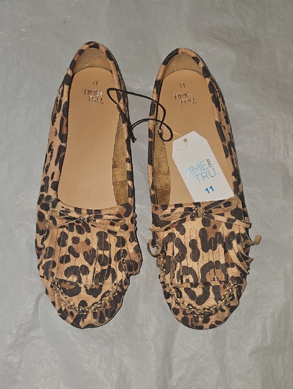 Time and Tru Women's Size 11 Leopard Fringe Suede Moccasins New